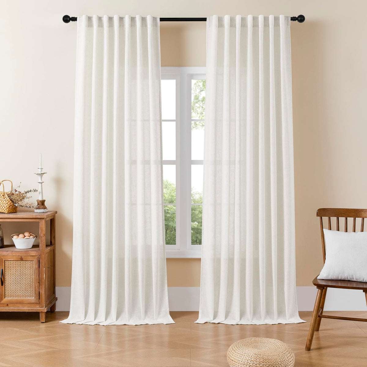 Joydeco Linen Curtains for Living Room,Light Filtering Rod Pocket Back Tab Semi Sheer Drapes Window Long Curtains 90 inches Long Ivory