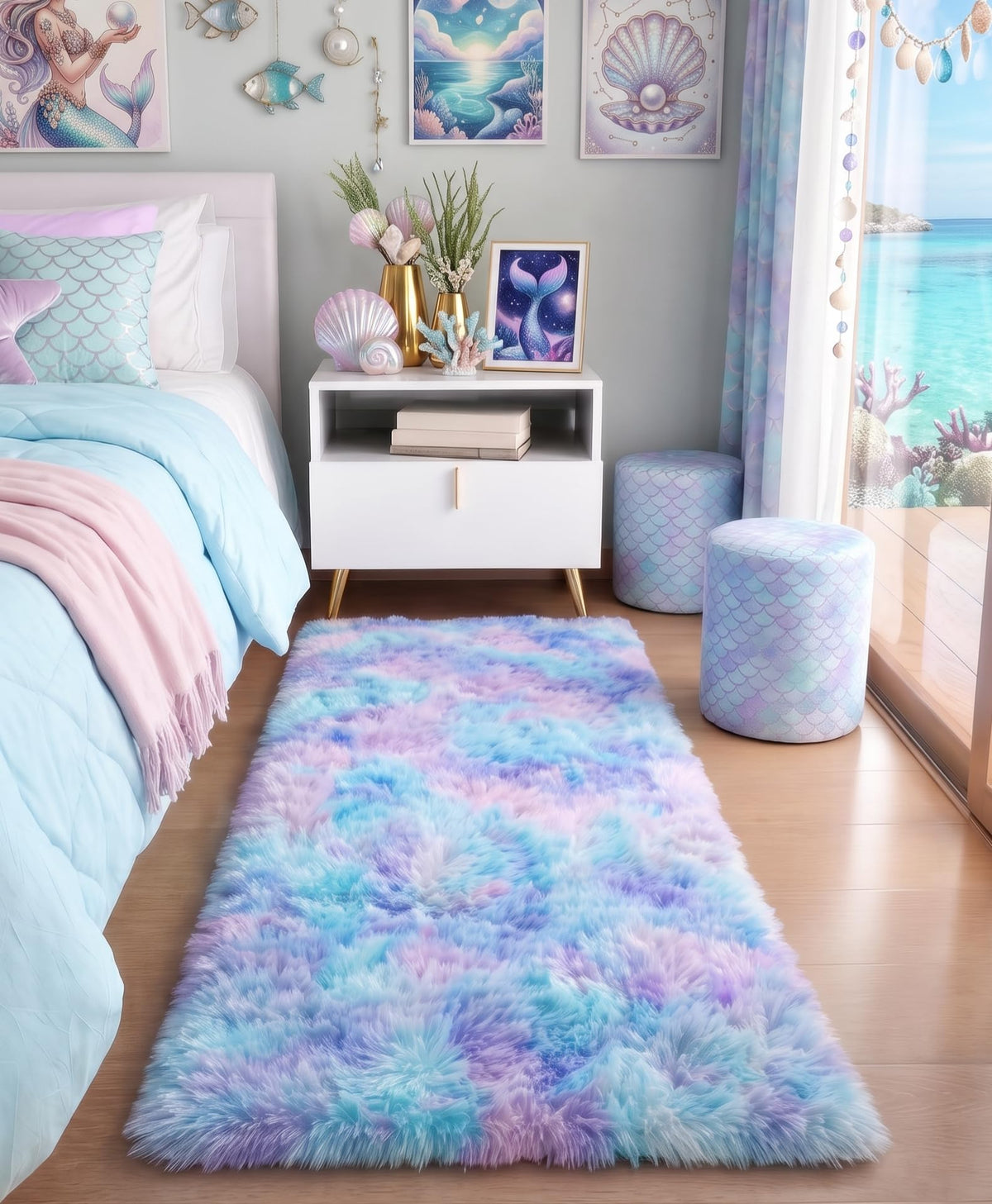 Rainbow Area Rugs for Girls Bedroom Fluffy Soft Vibrant Rugs Kids Playroom