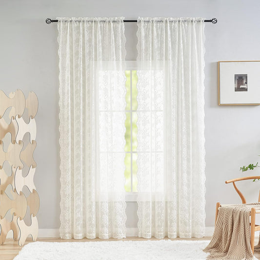 YJ YANJUN Vintage Lace Curtains 84 Inches Long-Victorian Floral Pattern Ivory Sheer Curtain Panels for Living Room Bedroom French Door, Light Filtering Drapes, 2 Panels 52W x 84L Cream