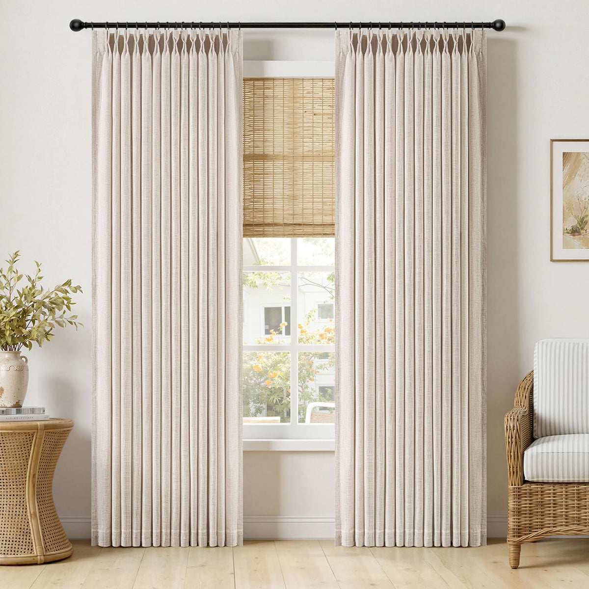 MIULEE Pinch Pleated Thick Linen Curtains 96 Inches Burlap Brown Curtains