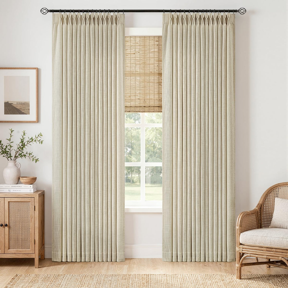 MIULEE Pinch Pleated Thick Linen Curtains 96 Inches Burlap Brown Curtains