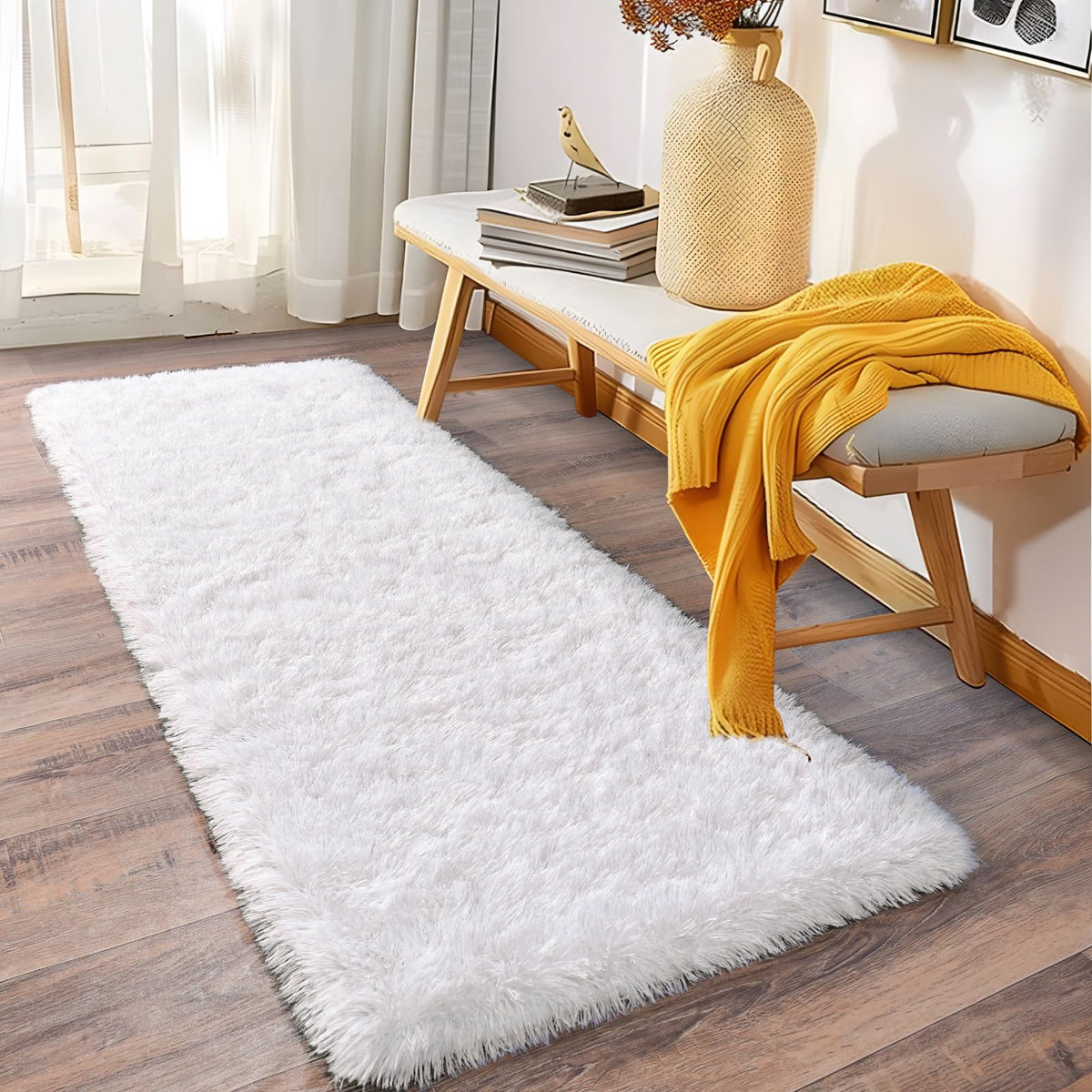 Soft Runner Rugs for Bedroom Hallway 2x6 Beige Fluffy Shag Washable