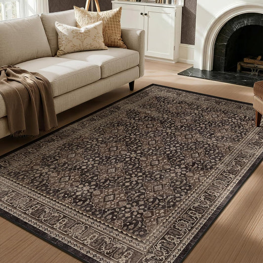 Dark Wood Brown 5x7 Rugs for Living Room Bedroom, Washable Rug with Vintage Farmhouse Moroccan Floral Trellis Pattern, Non Slip Low Pile Soft Carpet Rugs for Den/Home Office/Kitchen/Foyer