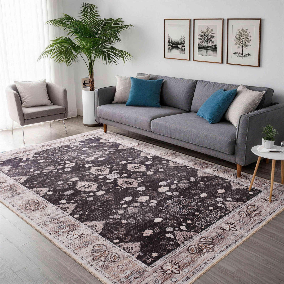 Hanples 5x7 Area Rugs for Living Room, Washable Rug Vintage Floral, Beige