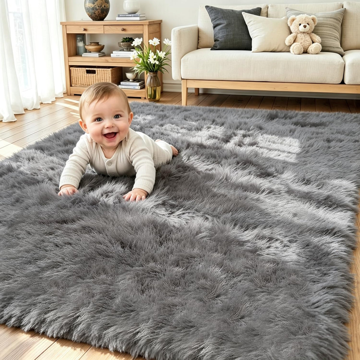 8x10 Black Area Rug for Living Room Bedroom, Soft Fluffy Fuzzy Fur Shag Rug