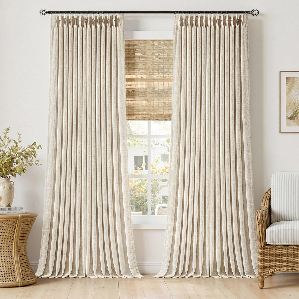 MIULEE Pinch Pleated Thick Linen Curtains 96 Inches Burlap Brown Curtains
