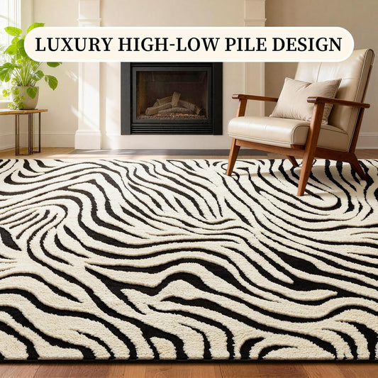 YIHOUSE 5×7 Ft Area Rugs for Living Room: Modern Washable Rug - Abstract Black and Cream White Rug for Bedroom Dining Room Office Playroom Nursery Home Decor - Nonslip Non-Shedding Striped Rugs