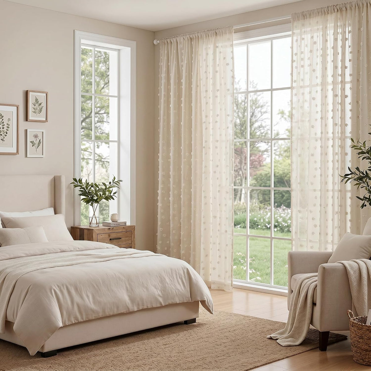 MYSKY HOME Beige Boho Sheer Curtains with Cream Pom Pom 50Wx84L,2 Panels