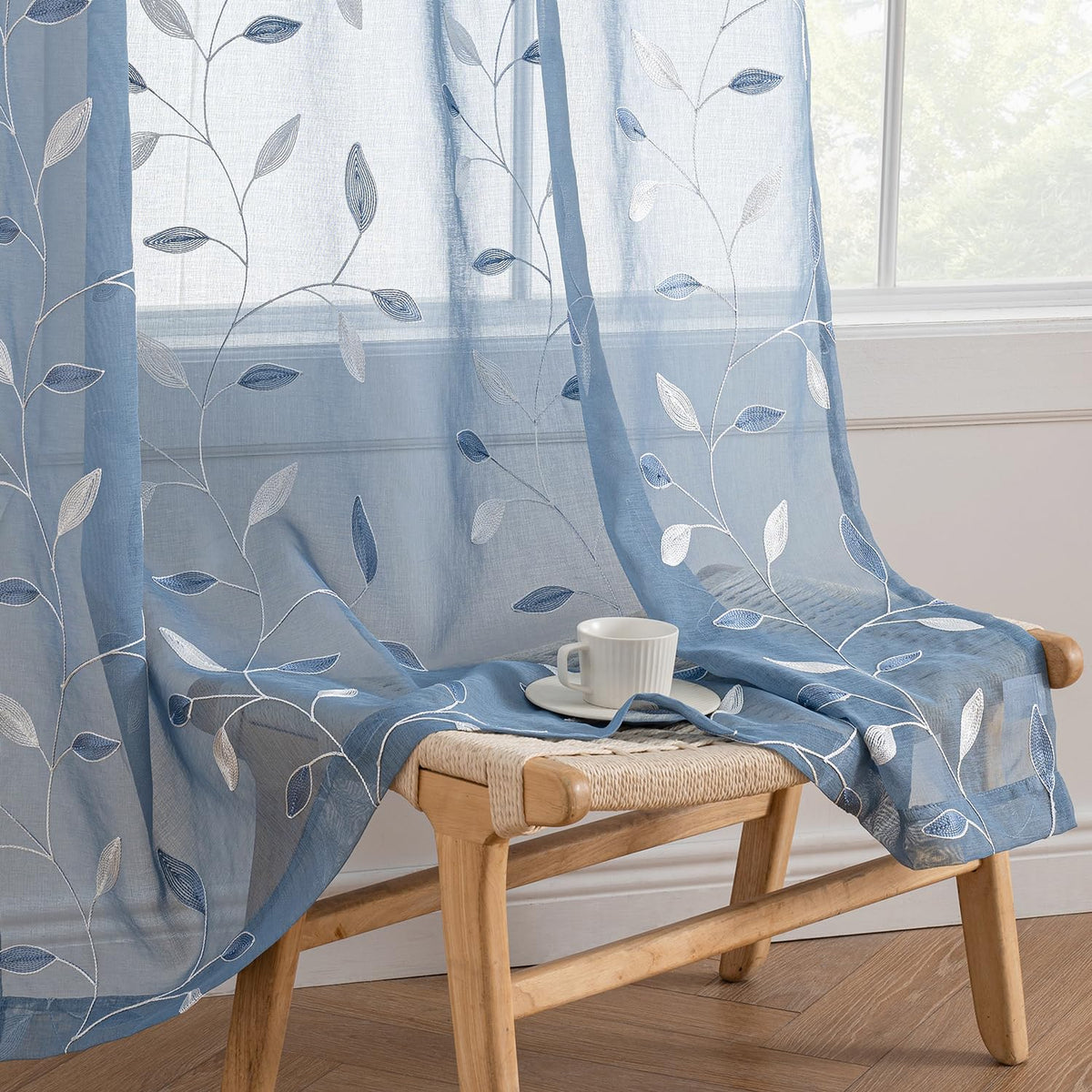 MIULEE Beige Sheer Curtains 2 Panels Embroidered Leaf Patterned, W52 x L84
