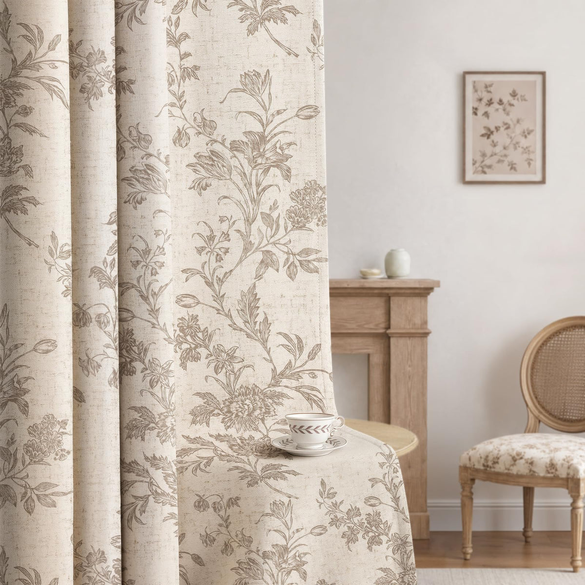 Boho Floral Light Filtering Curtains 84 Inch 2 Panels Linen Texture