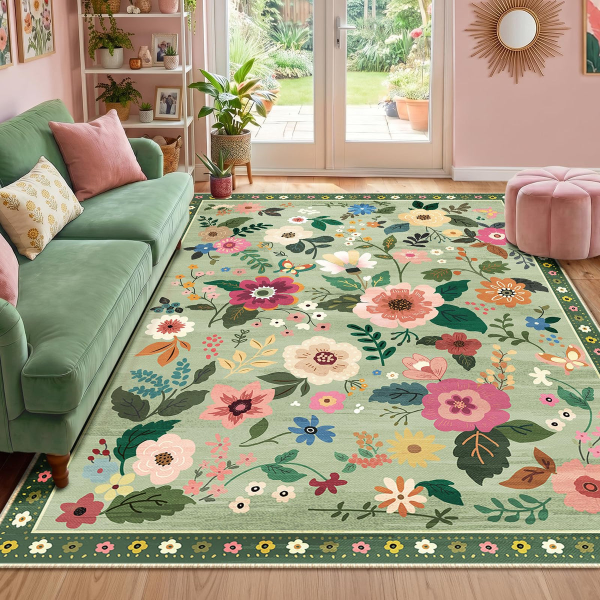 RELEANY Floral Washable 5x7 Area Rugs Pink