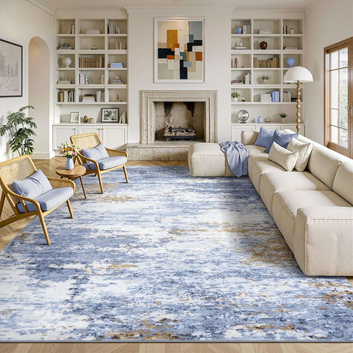 8x10 Area Rug for Living Room, Abstract Washable Non-Slip Large Rugs, Gold
