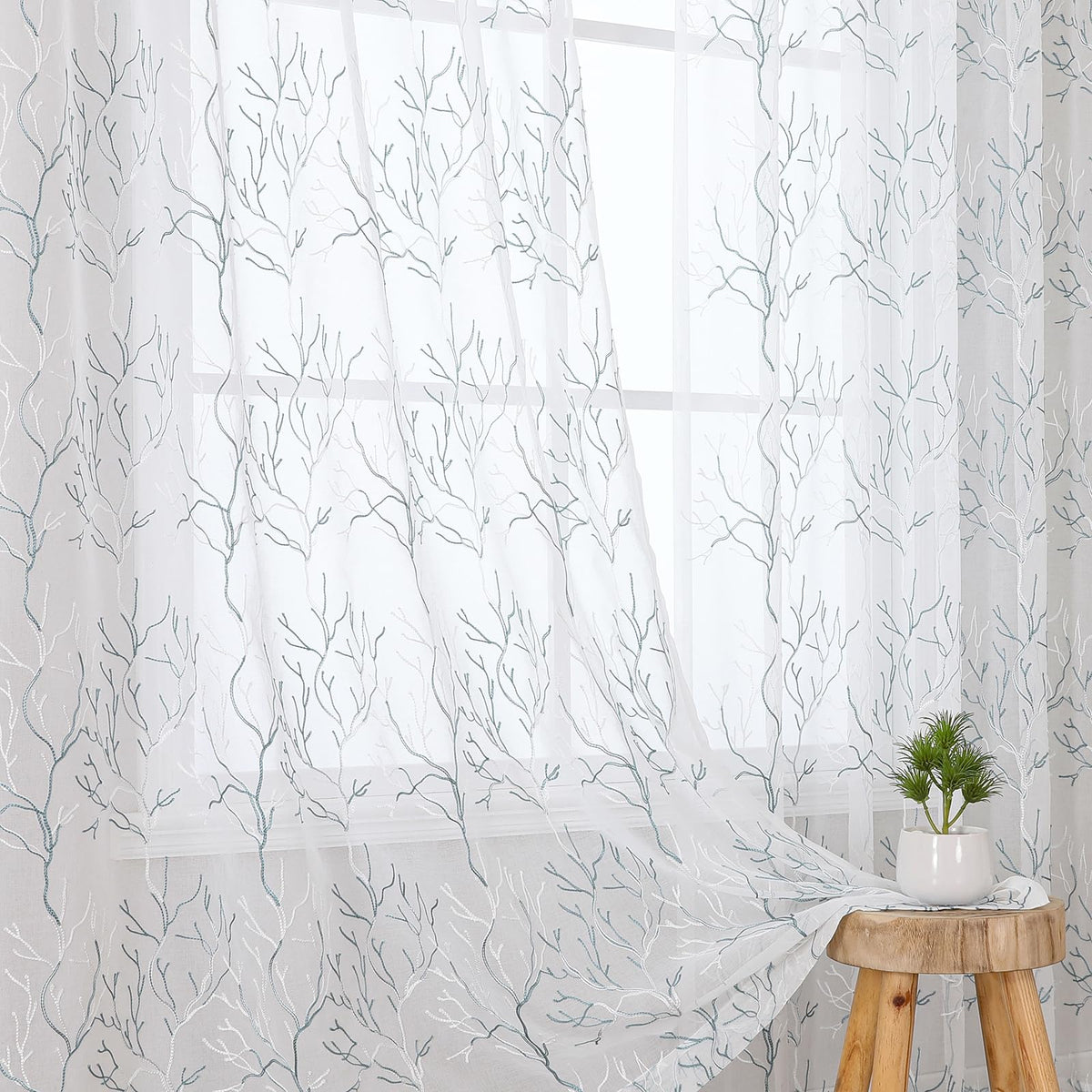 VISIONTEX Sheer Curtains Boho Leaf Floral Embroidered Cream Beige 54Wx84L