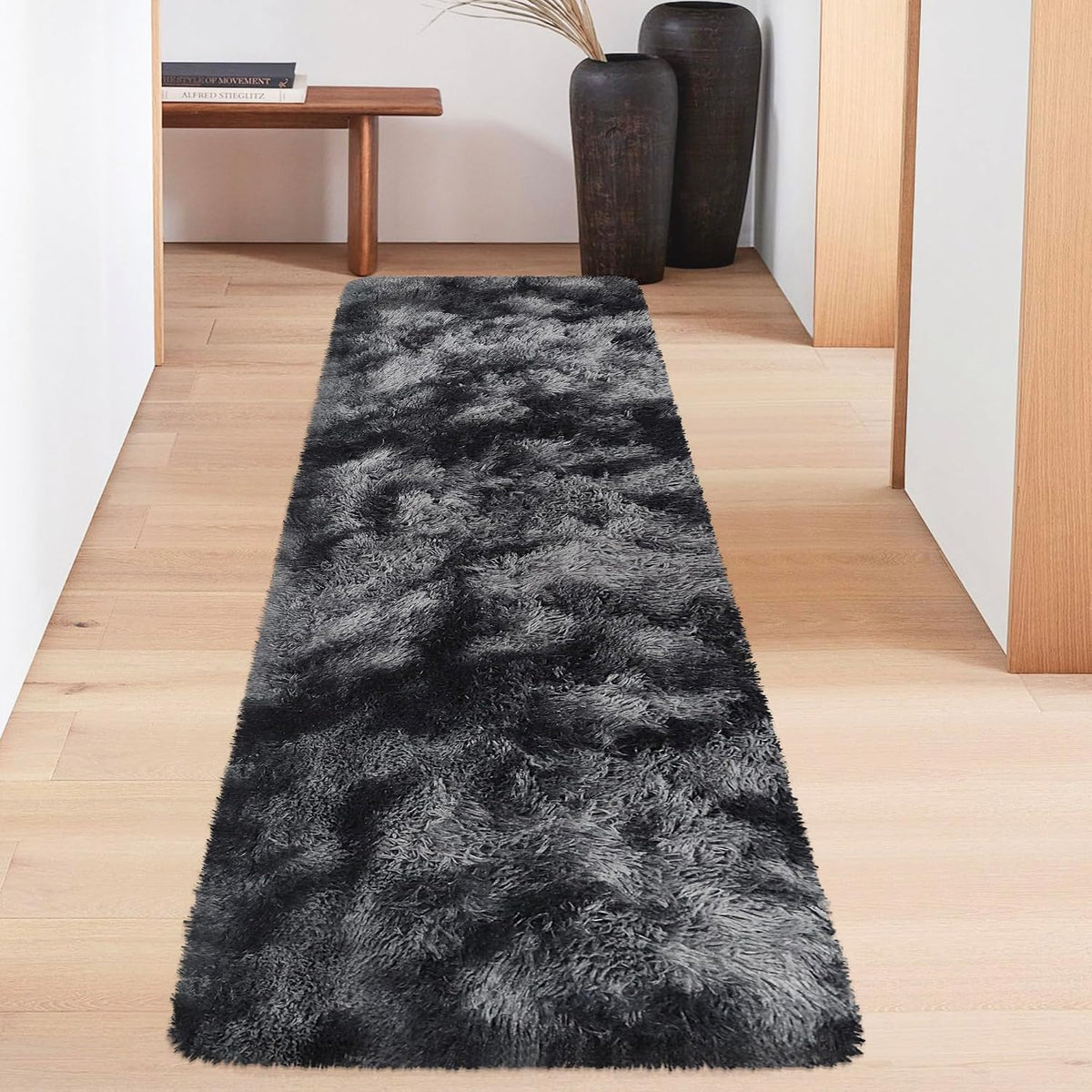 Tie-Dyed Runner Rug for Bedroom Black Grey 2x6ft Fluffy Area Rug Bedside Runner Rug for Kids Room Boys Teens Nursery Baby Living Room Dorm Home Decor Carpets