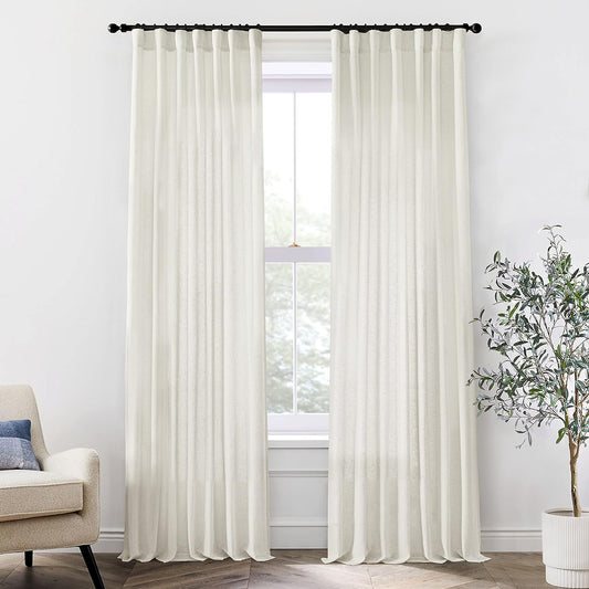 XTMYI Linen Curtains 96 Inch Long 2 Panel Set, Cream Sheer Pleated Curtain for Living Room, Modern Farmhouse Curtains for Dining Room Bedroom, Ivory Colored