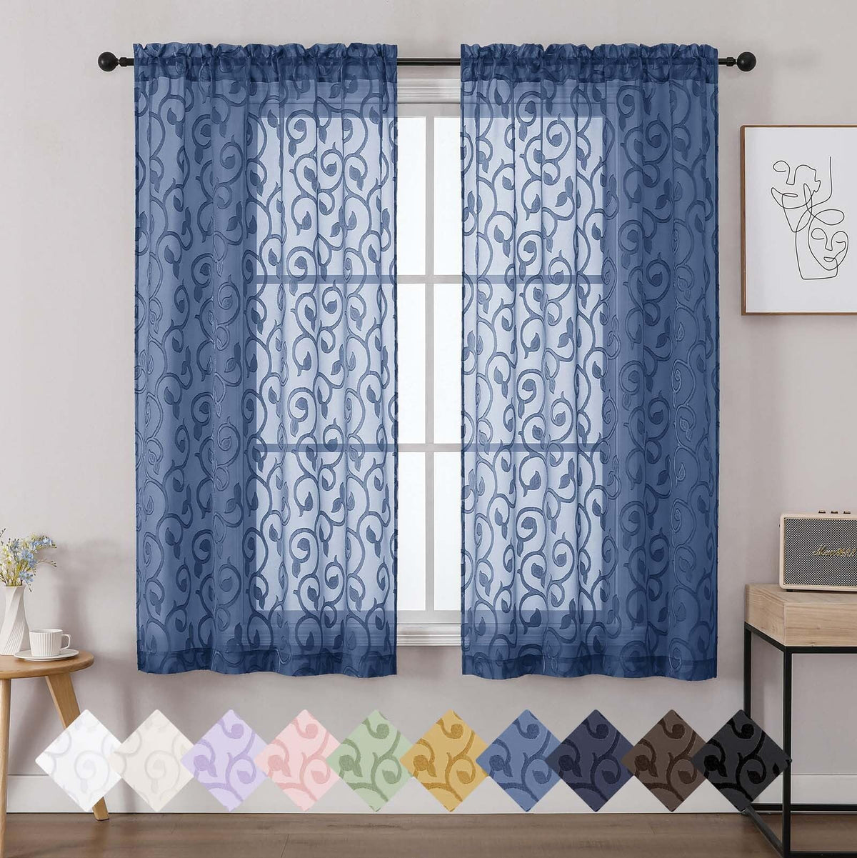 Dusty Blue Sheer Curtains for Bedroom Living Room 72 Inches Long 2 Panels Set, Soft Airy Geometric Jacquard Clip Curtains Drapes, Modern Rod Pocket Door Curtain, 2Pcs Each 42" Wx72 L Inch