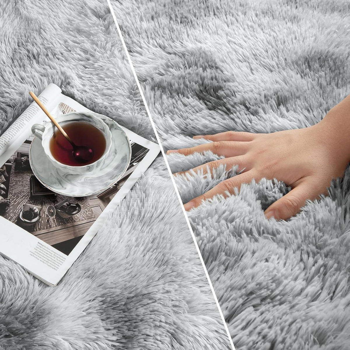 Deerhoo Large Shag Area Rugs 5 x 8, Tie-Dyed Plush Fuzzy Rugs, Light Grey