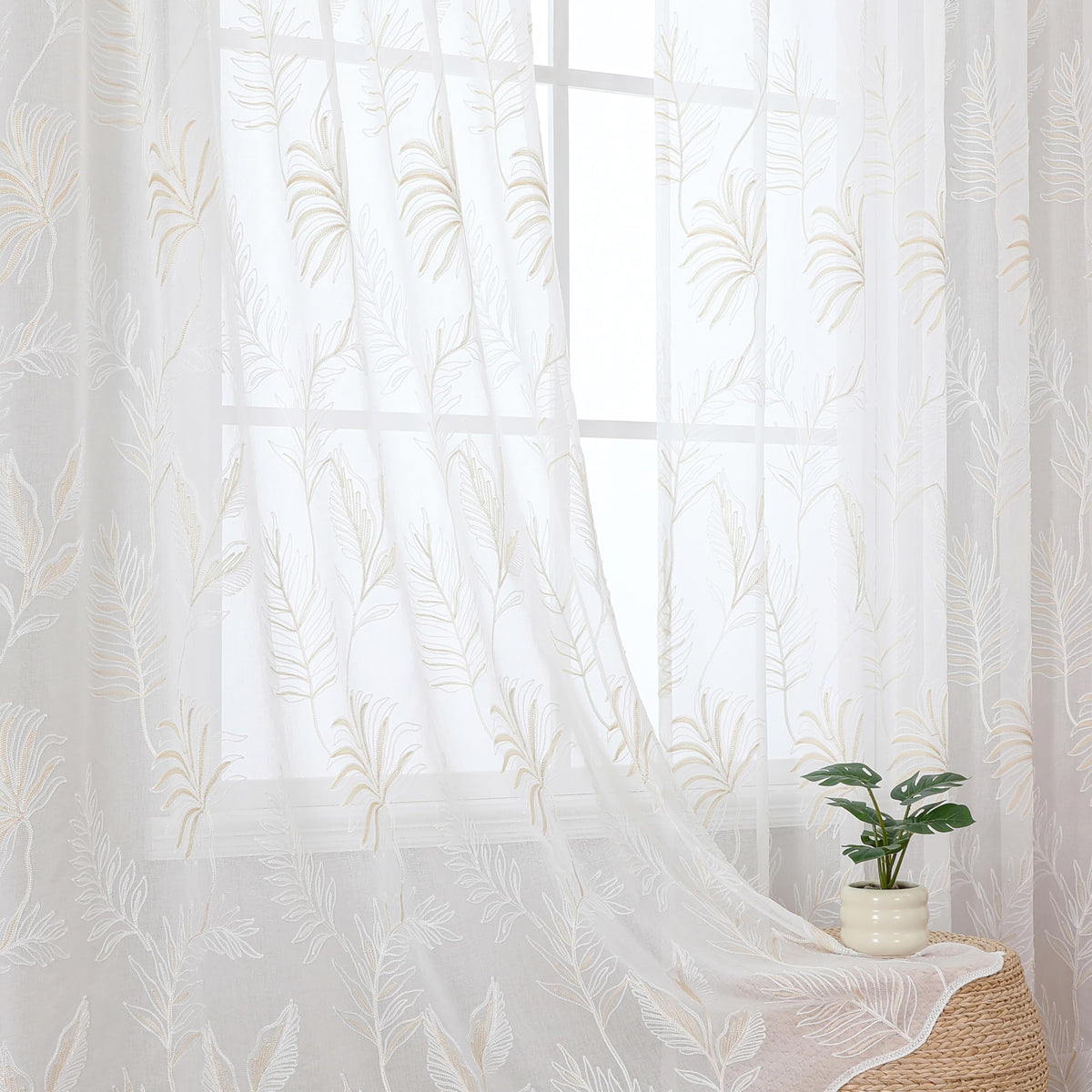VISIONTEX Sheer Curtains Boho Leaf Floral Embroidered Cream Beige 54Wx84L