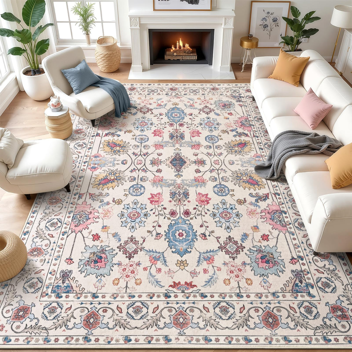 Hanples 5x7 Area Rugs for Living Room, Washable Rug Vintage Floral, Beige