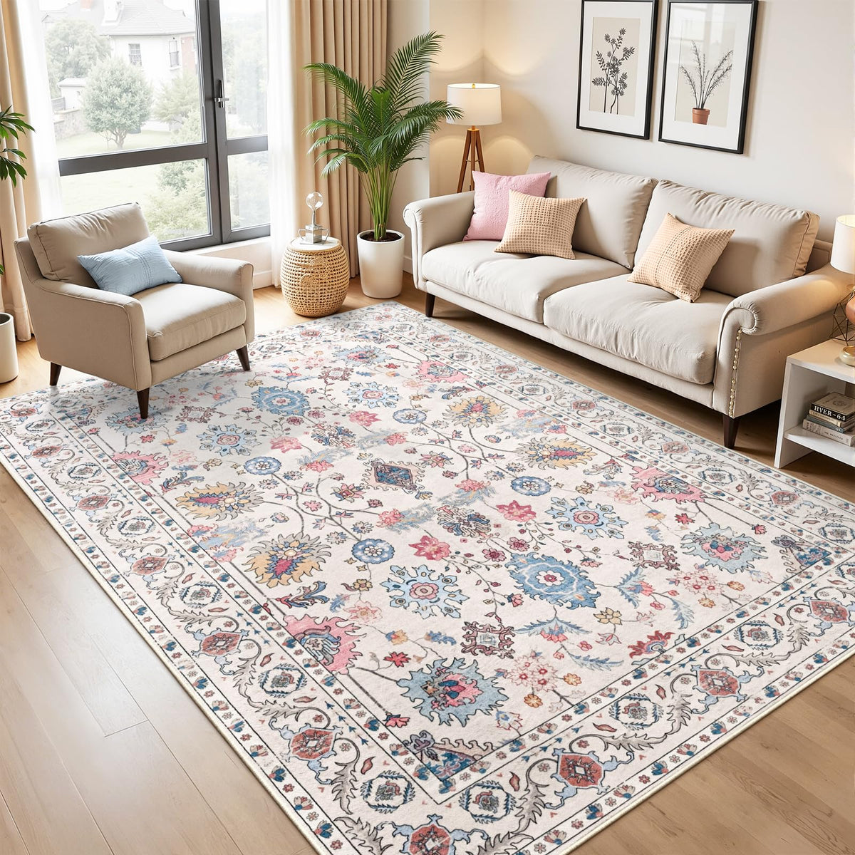 Hanples 5x7 Area Rugs for Living Room, Washable Rug Vintage Floral, Beige