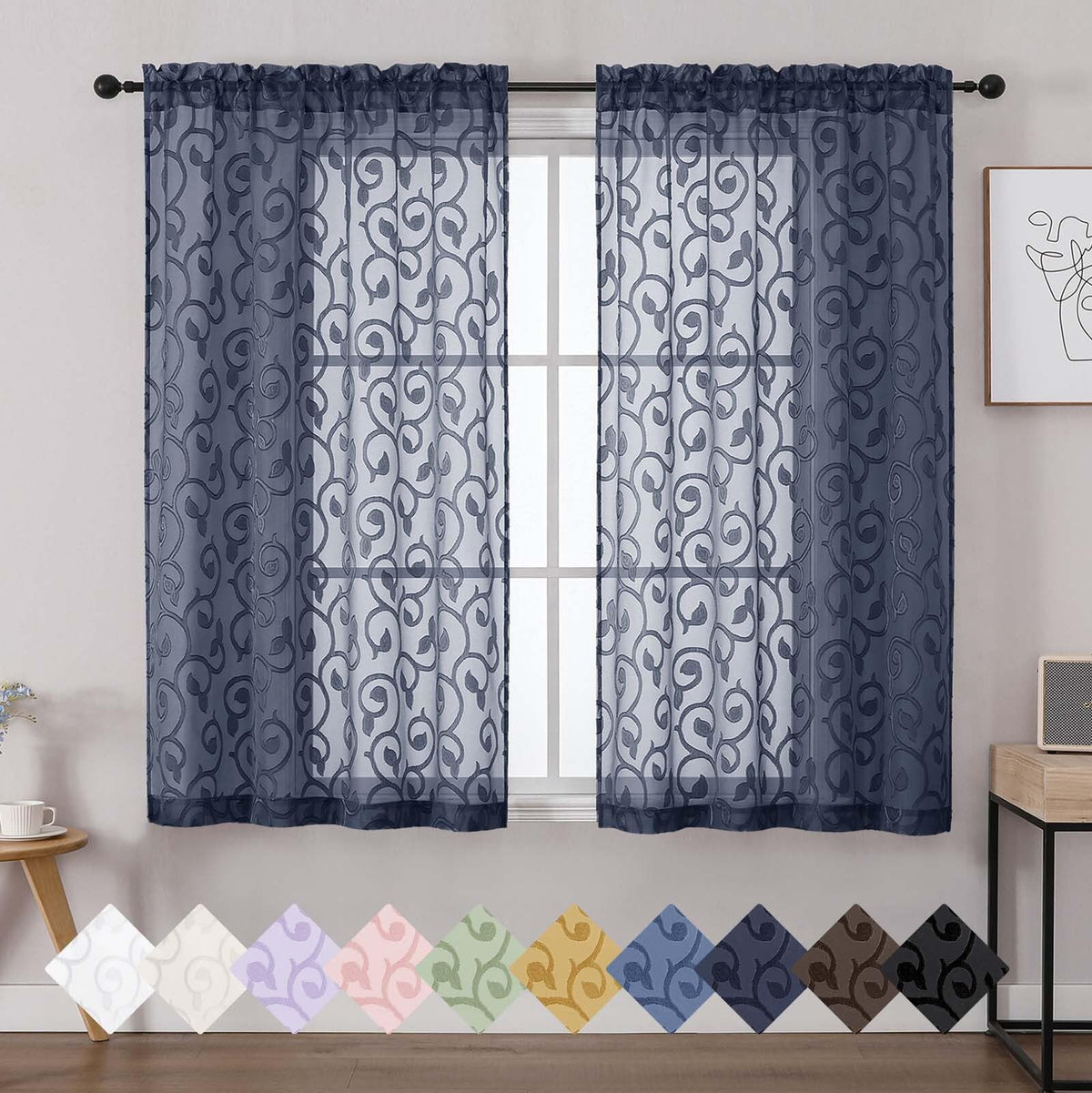 Dusty Blue Sheer Curtains for Bedroom Living Room 72 Inches Long 2 Panels Set, Soft Airy Geometric Jacquard Clip Curtains Drapes, Modern Rod Pocket Door Curtain, 2Pcs Each 42" Wx72 L Inch