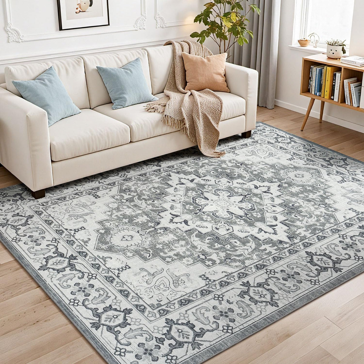Lessymo 8 x 10 Area Rugs for Living Room, Machine Washable Rug Grey White