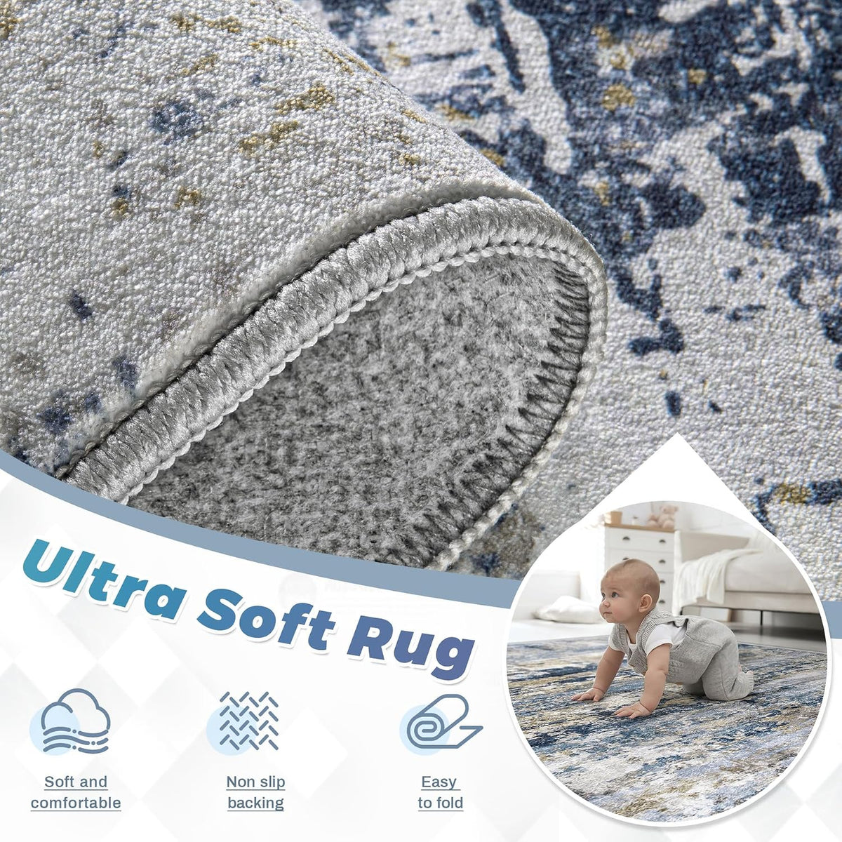 pmtsns Area Rugs 8x10 for Living Room: Washable Rug Modern Abstract Neutral Soft Non-Slip Low-Pile Indoor Large Carpet for Bedroom Dining Room Playroom Home Office (Blue Grey Brown, 8'x10')
