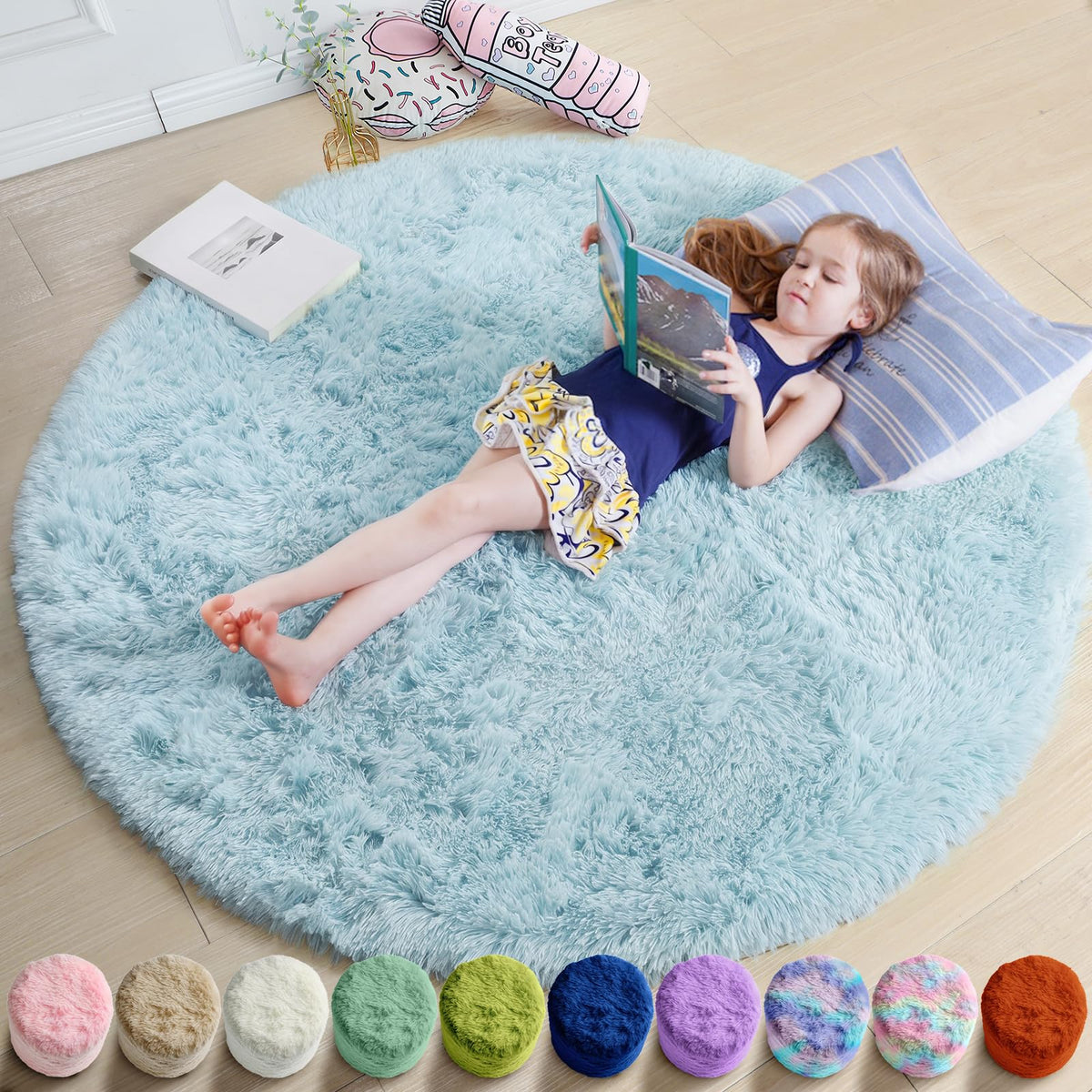 Amdrebio Pink Circle Round Fluffy Area Rug 4Ft for Girls Bedroom Kids Room