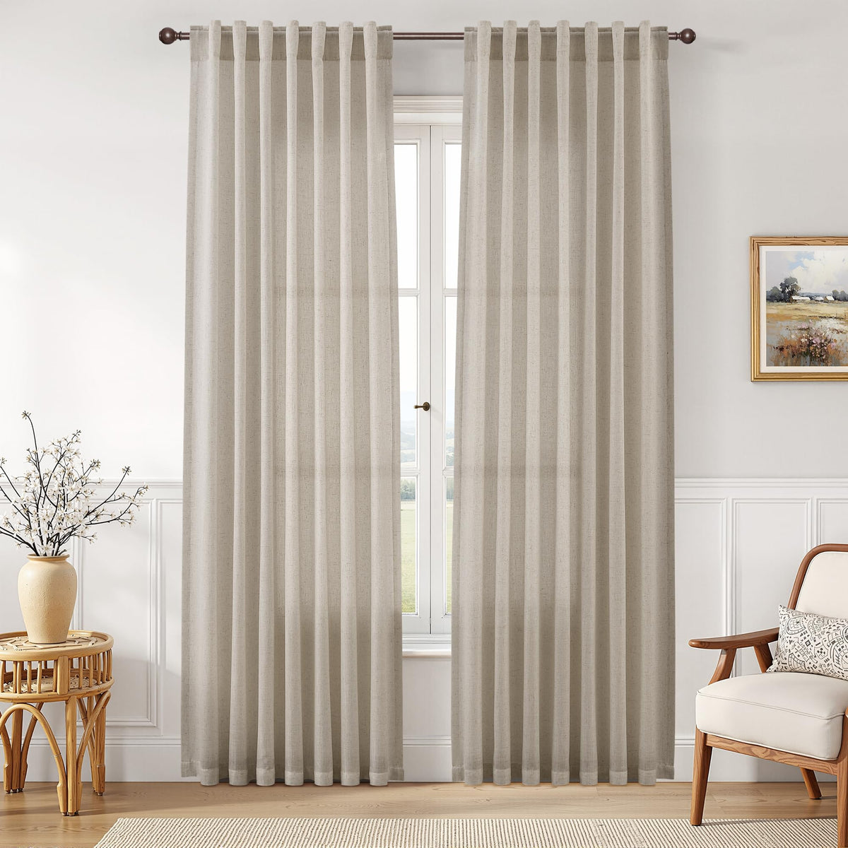 Joywell Linen Sheer Curtains 84 Inches Long for Living Room Beige Cream