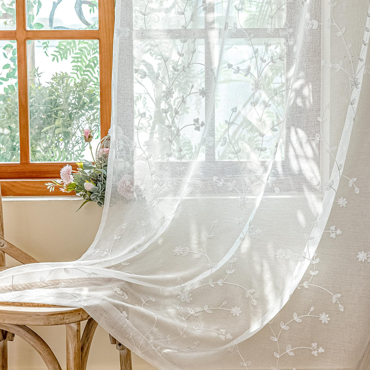 AmHoo 2 Panels Leaf Flora Embroidered Farmhouse Semi Sheer Curtain Voile Curtains for Living Room Bedroom Window Treatment White Sage Green 53 x 84 Inch