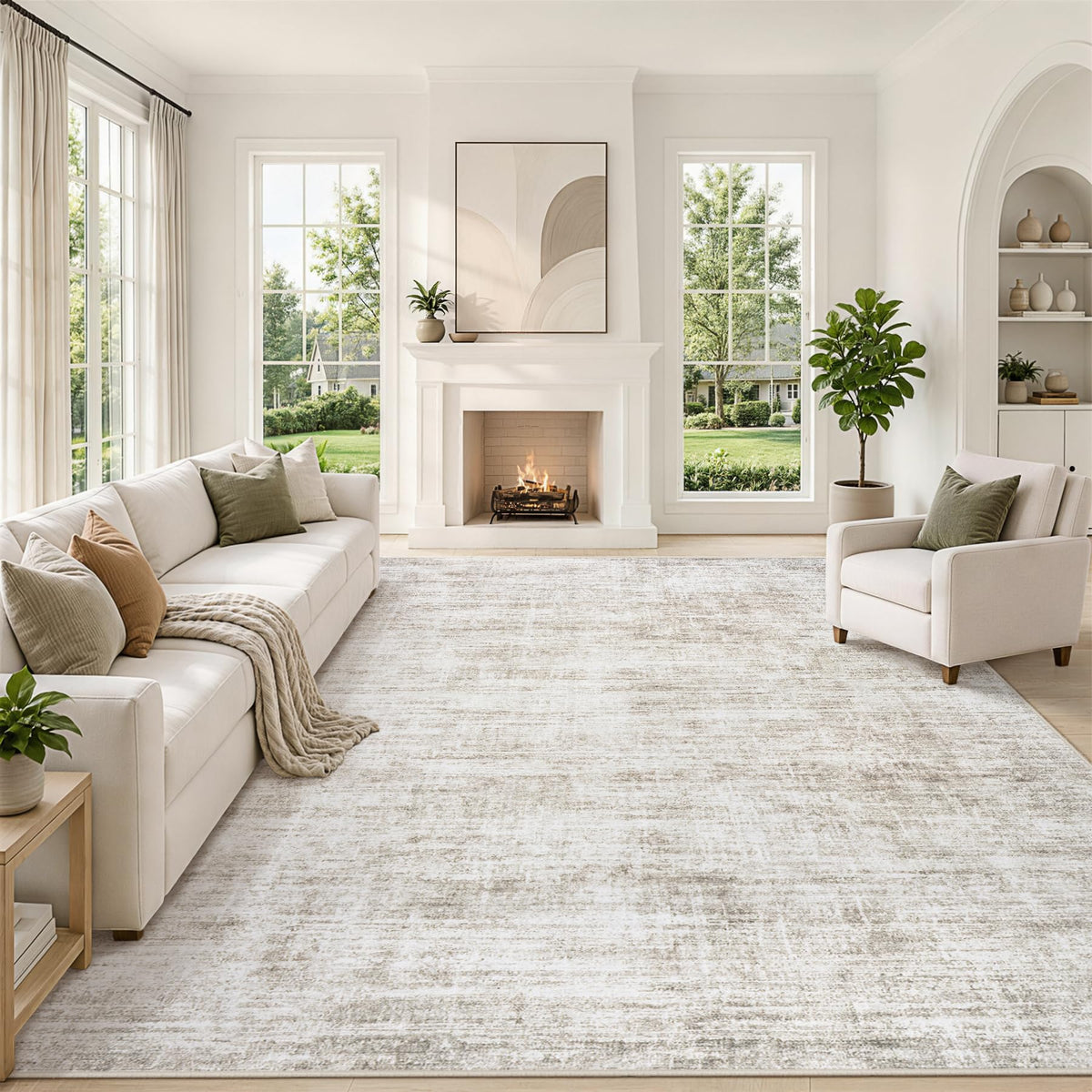 8x10 Area Rugs for Living Room Washable Rug Neutral Abstract Beige Carpet