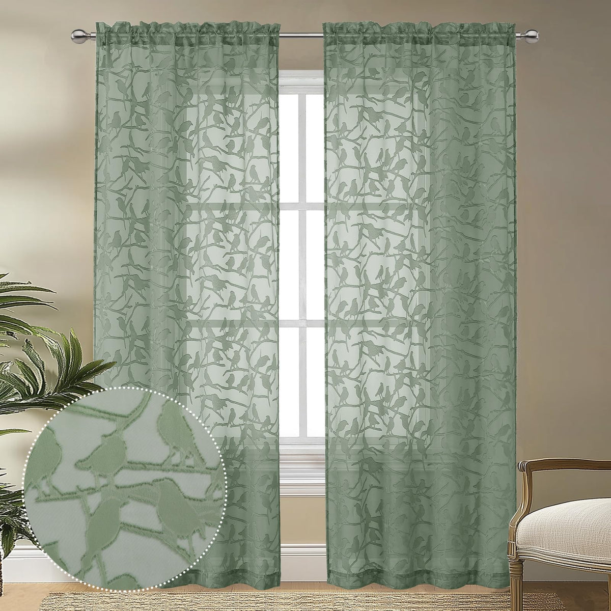 OVZME Sage Green Sheer Curtains 63 Inch Length 2 Panel Set, Light Filtering Bedroom Curtains with Dual Rod Pocket Top, Leaf Bird Clip Jacquard Sheer Farmhouse Window Drapes for Living Room, 2x38Wx63L