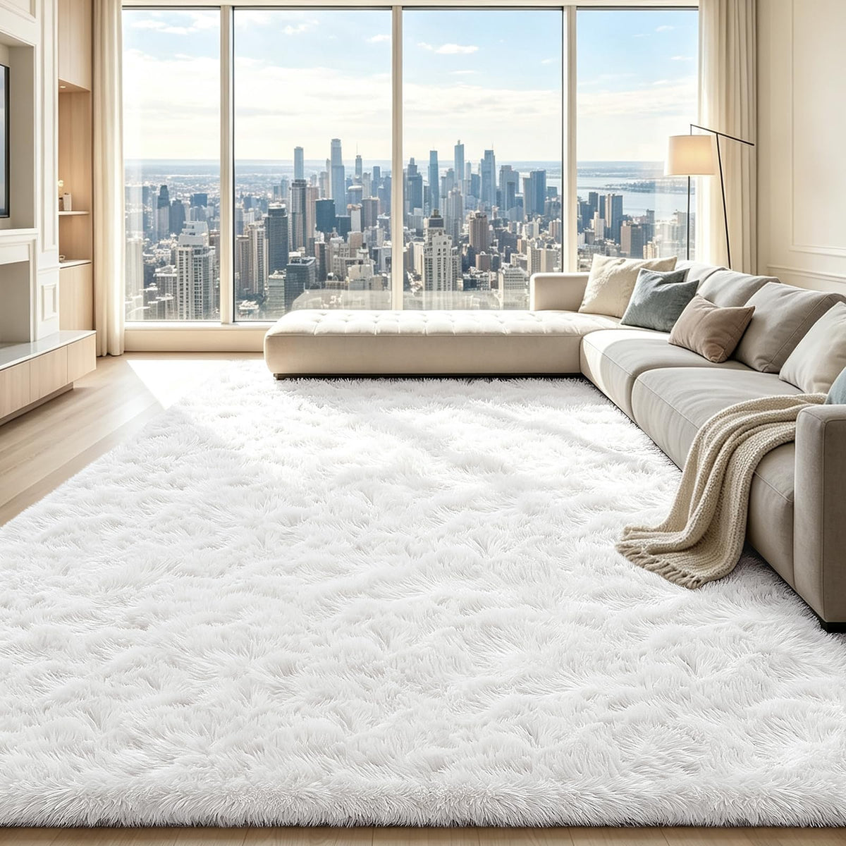 Beige 8x10 Area Rugs for Living Room, Fluffy Shag Rug Large Bedroom Carpet