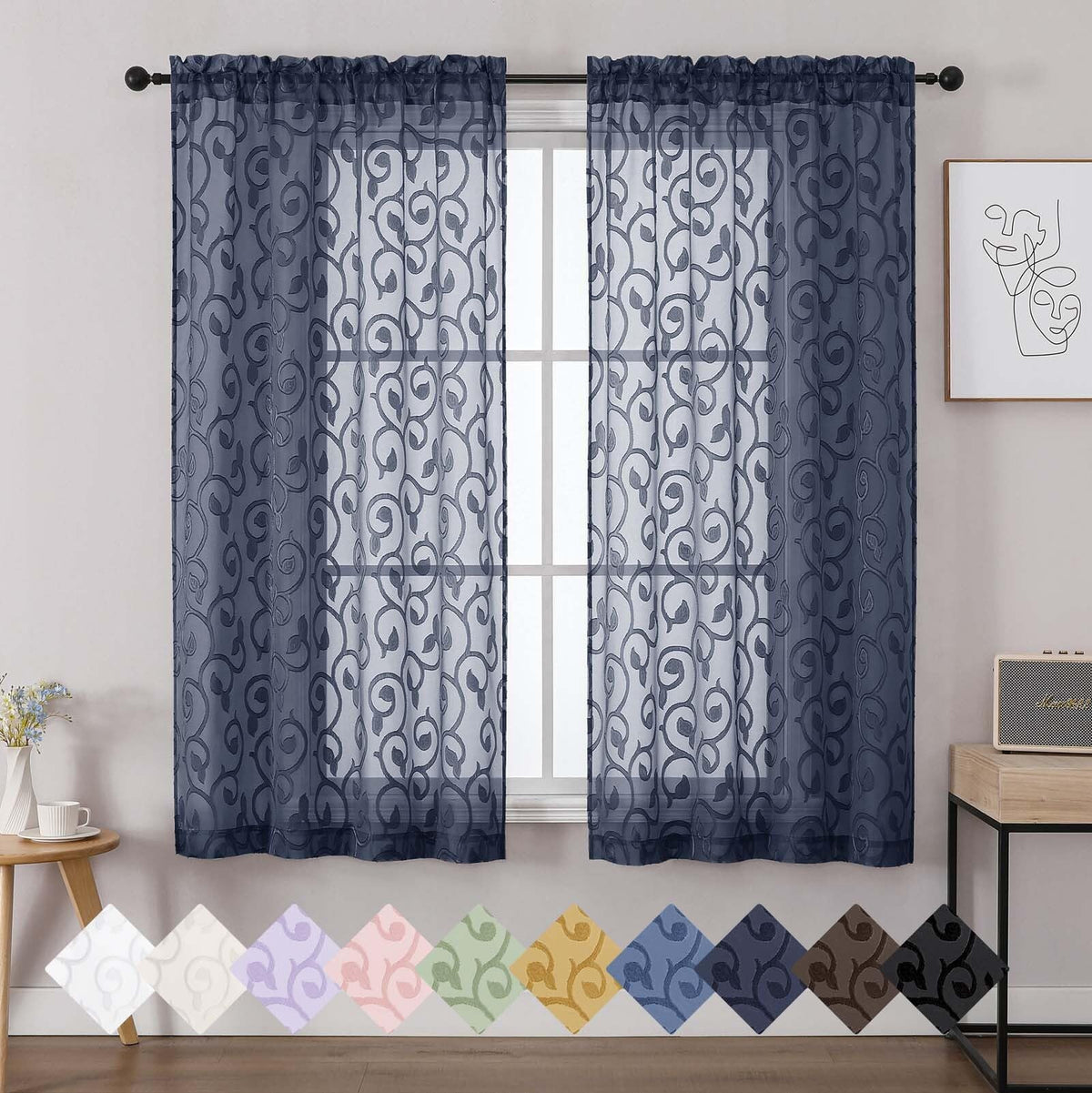 Dusty Blue Sheer Curtains for Bedroom Living Room 72 Inches Long 2 Panels Set, Soft Airy Geometric Jacquard Clip Curtains Drapes, Modern Rod Pocket Door Curtain, 2Pcs Each 42" Wx72 L Inch