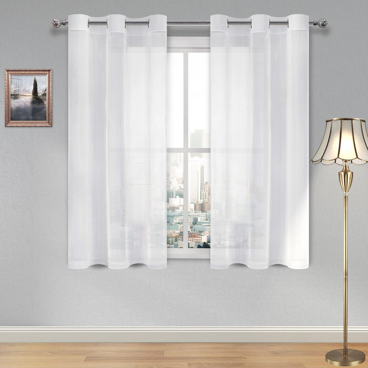DWCN White Sheer Curtains Linen Look Semi Transparent Voile Grommet White Curtains for Living Dining Room Drapes 52 x 84 Inch Long, Set of 2 Panels