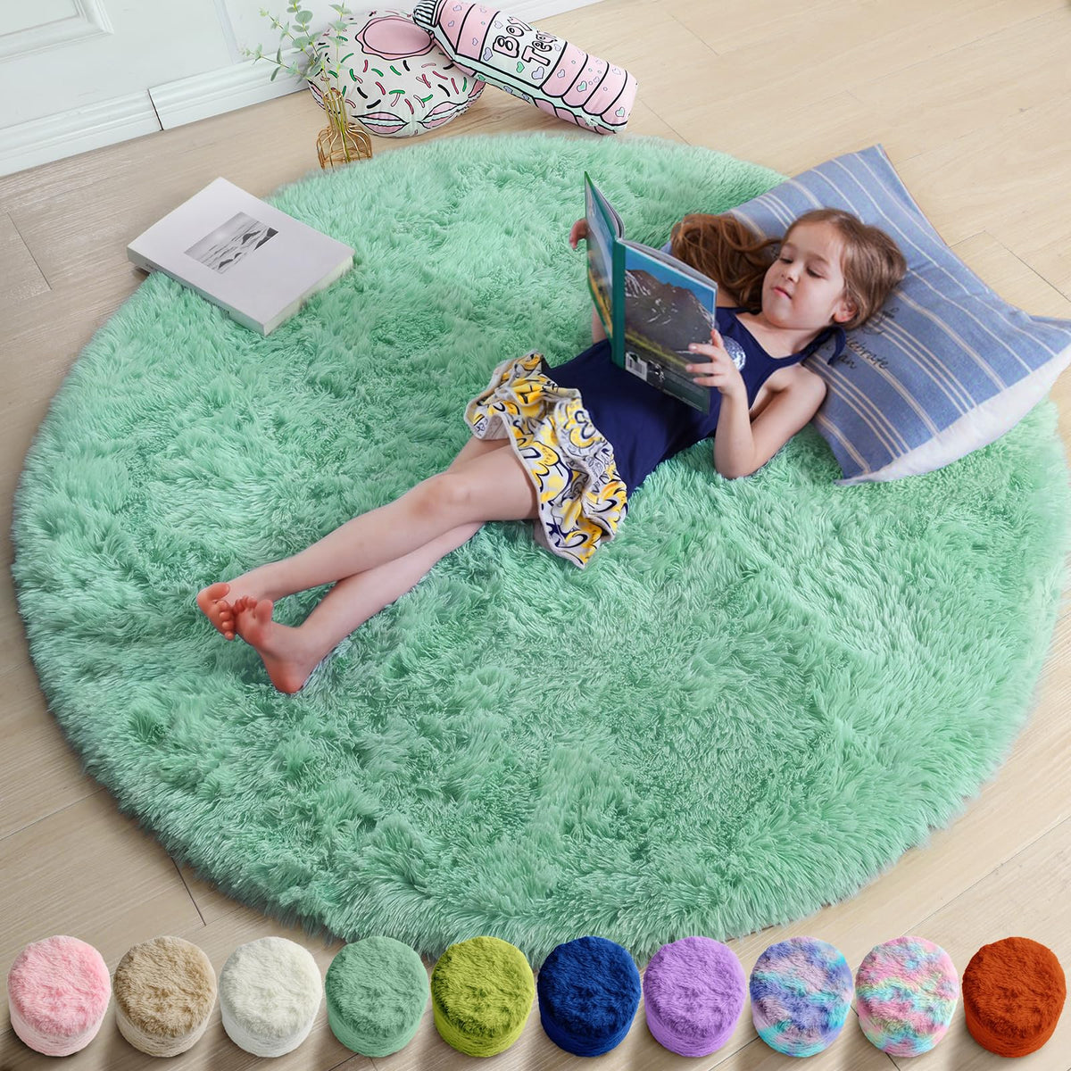 Amdrebio Pink Circle Round Fluffy Area Rug 4Ft for Girls Bedroom Kids Room