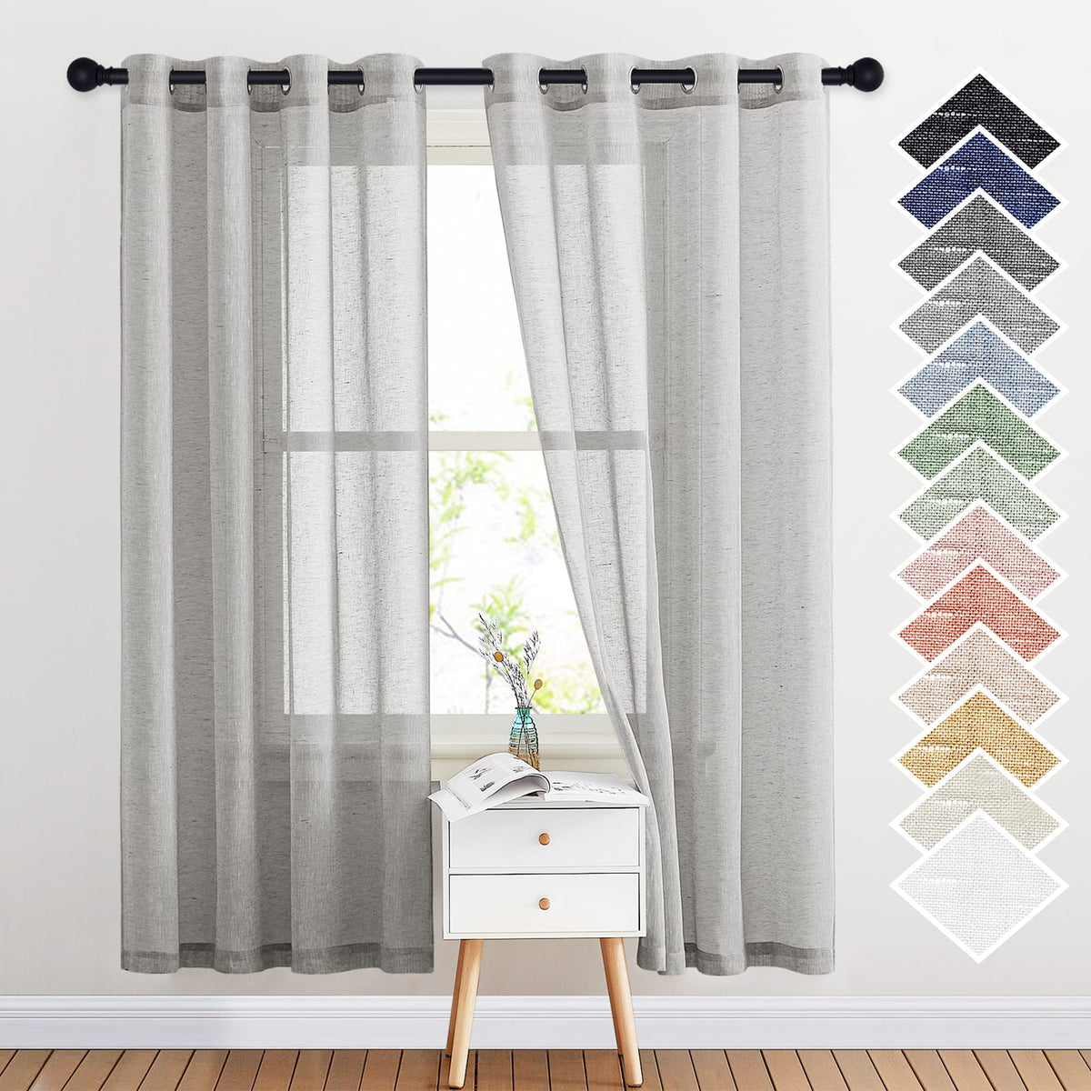 NICETOWN White Sheer Linen Curtains 84 Inch Length 2 Panels Set, W52xL84