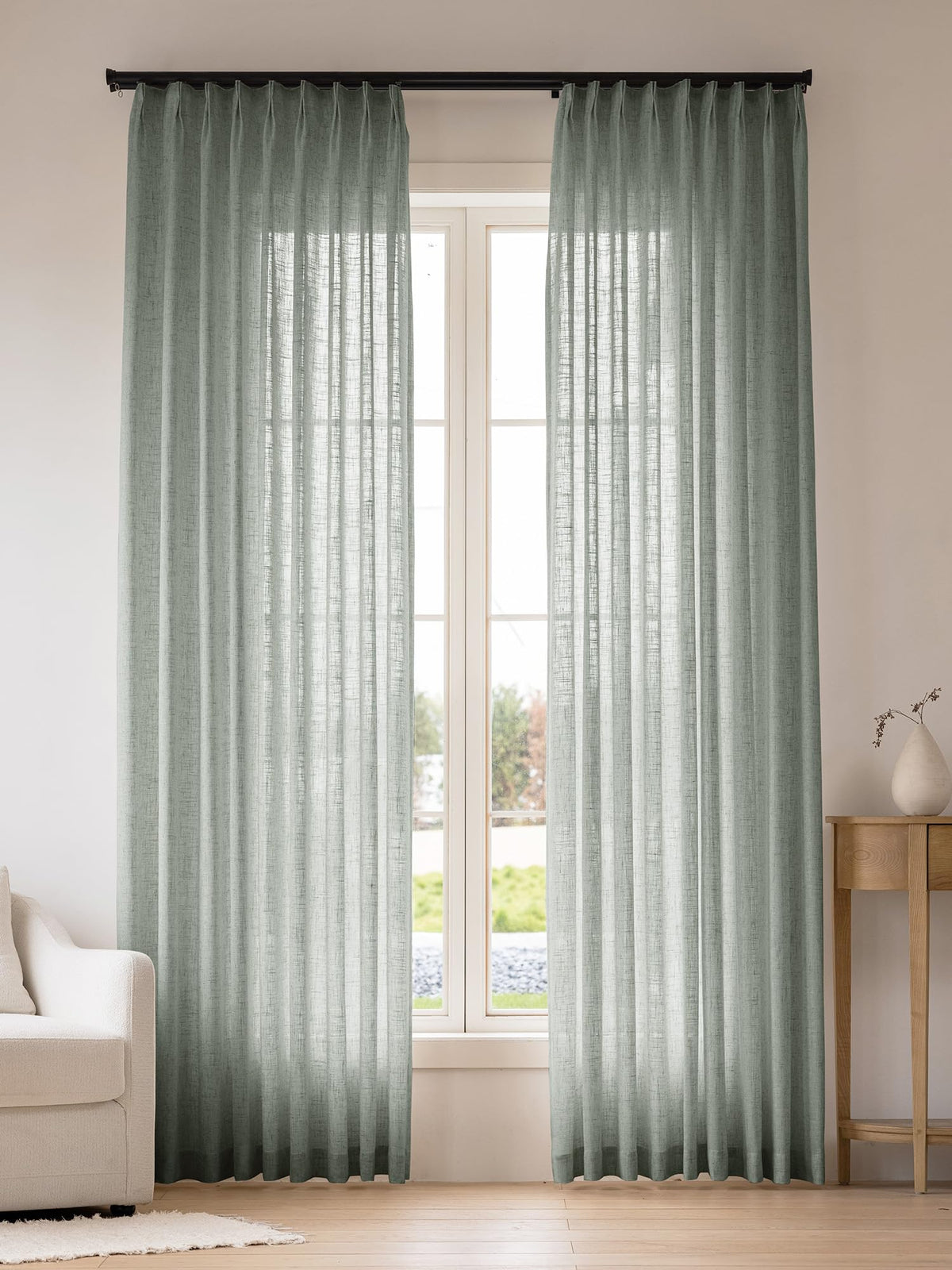 Liz Sheer Pinch Pleated Linen Curtains 102 Inches Long - Light Filtering Pleat Curtains for Living Room, Window Curtains for Bedroom, Luxury Pinch Pleated Drapes with Hooks, Natural, 2 Panels Set