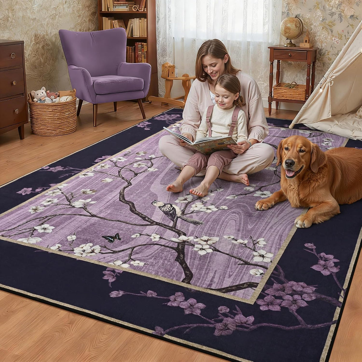 Foxmas 4x6 Purple Floral Area Rug
