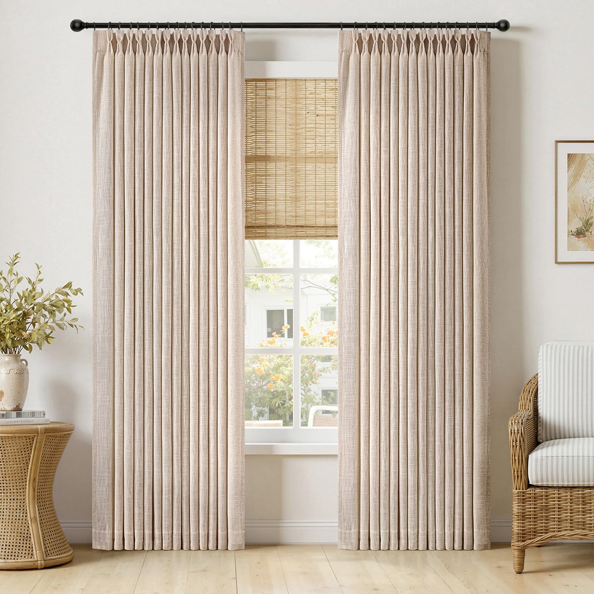 MIULEE Pinch Pleated Thick Linen Curtains 96 Inches Burlap Brown Curtains