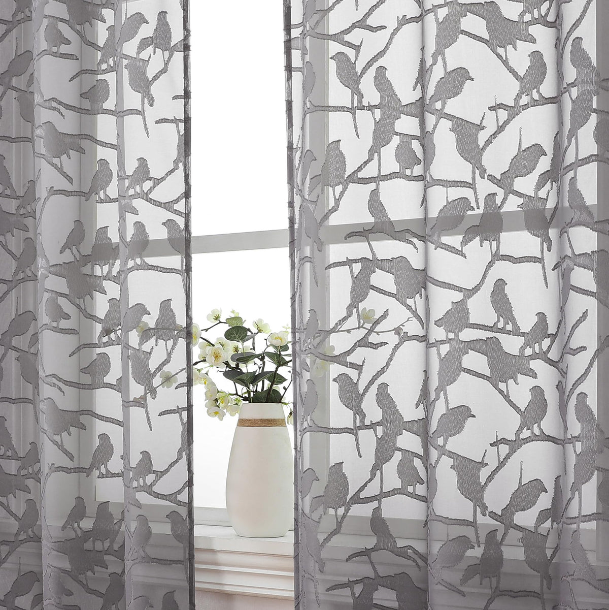 OVZME Sage Green Sheer Curtains 63 Inch Length 2 Panel Set, Light Filtering Bedroom Curtains with Dual Rod Pocket Top, Leaf Bird Clip Jacquard Sheer Farmhouse Window Drapes for Living Room, 2x38Wx63L
