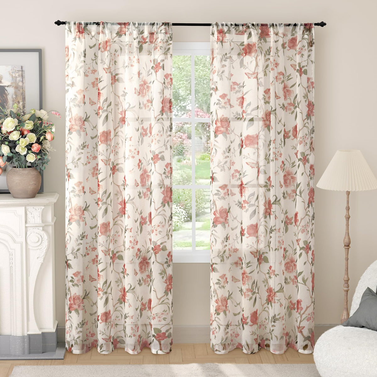Lajode Pink Floral Sheer Curtains for Girls Room - 52x84 Inch 2 Panels