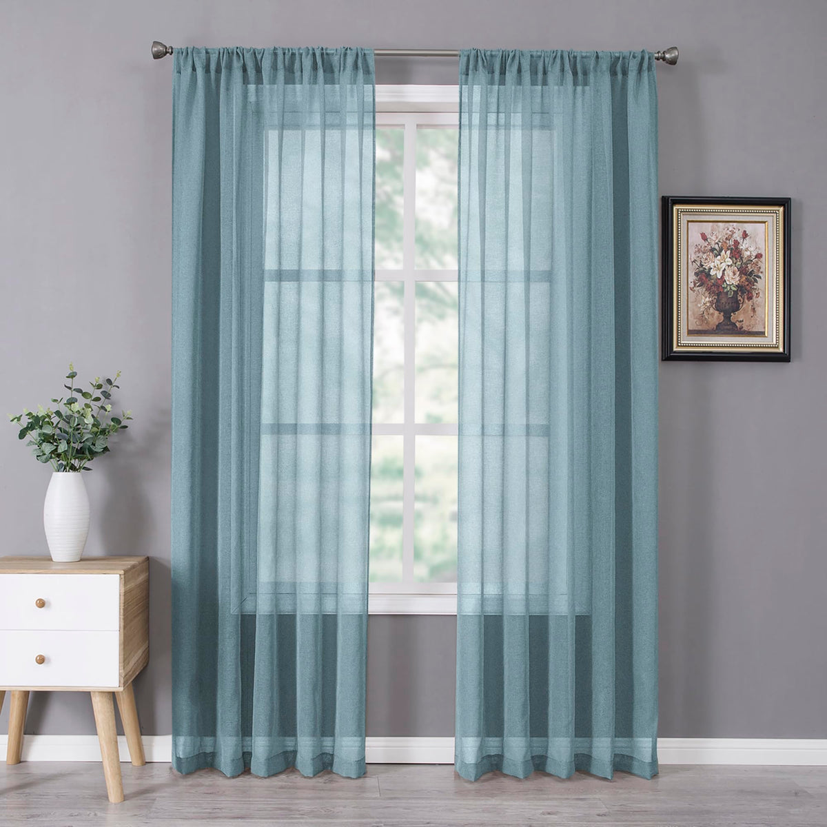 Tollpiz Sheer Curtains Linen Textured Bedroom Curtain Sheers Light Filtering Rod Pocket Voile Curtains for Living Room, 54 x 63 inches Long, White, Set of 2 Panels