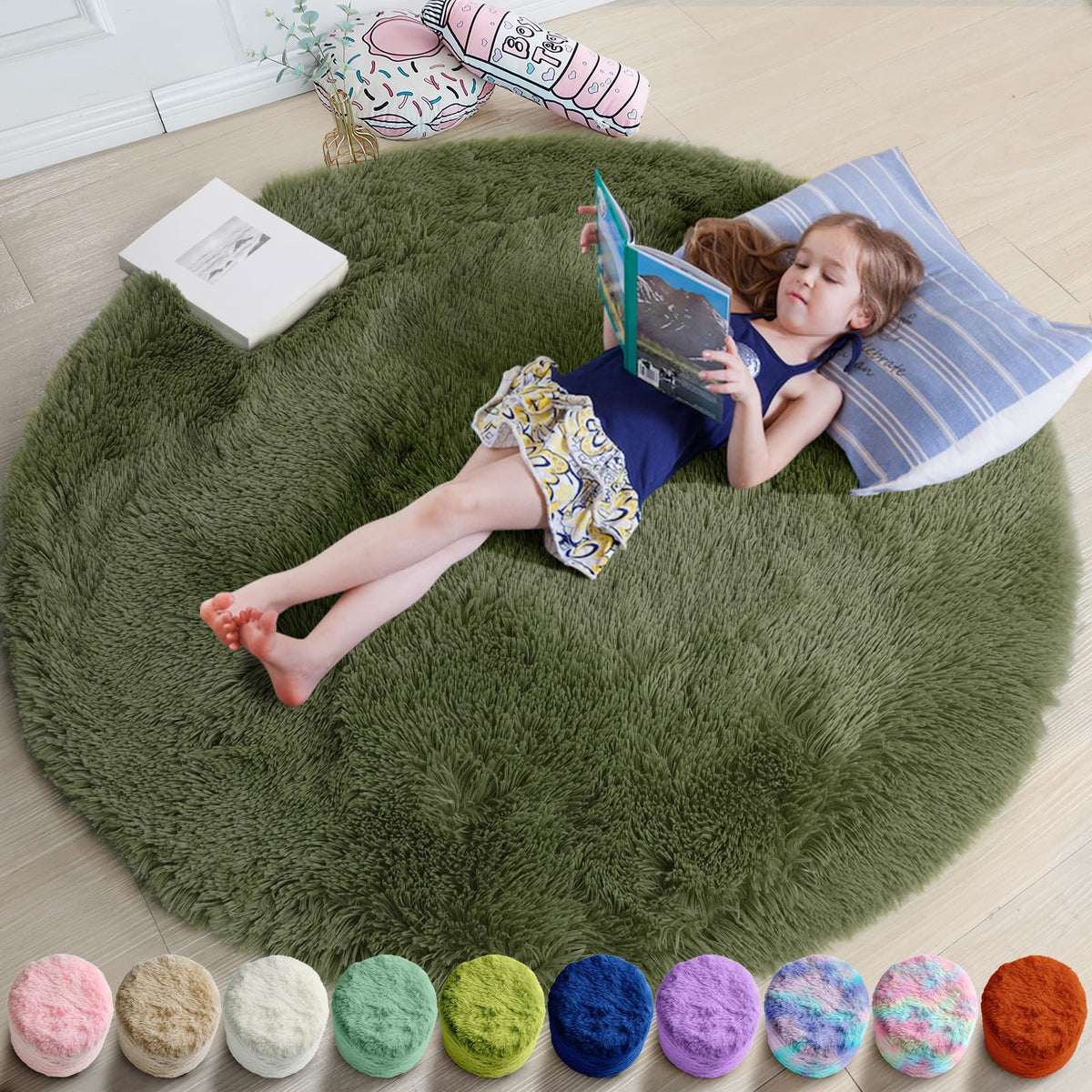 Amdrebio Pink Circle Round Fluffy Area Rug 4Ft for Girls Bedroom Kids Room
