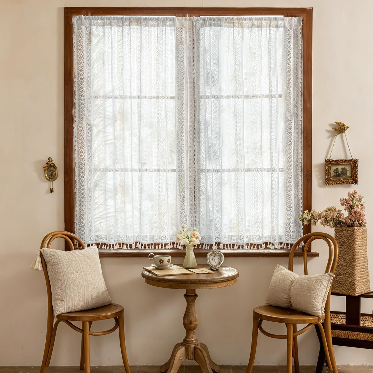 Sutuo Home Terracotta Boho Lace Curtains 2 Panels 84 Inches Long for Living Room&Bedroom, Burnt Orange Crochet Privacy Farmhouse Vintage Tassels Retro Halloween Window Sheer Curtains Rod Pocket,50" W