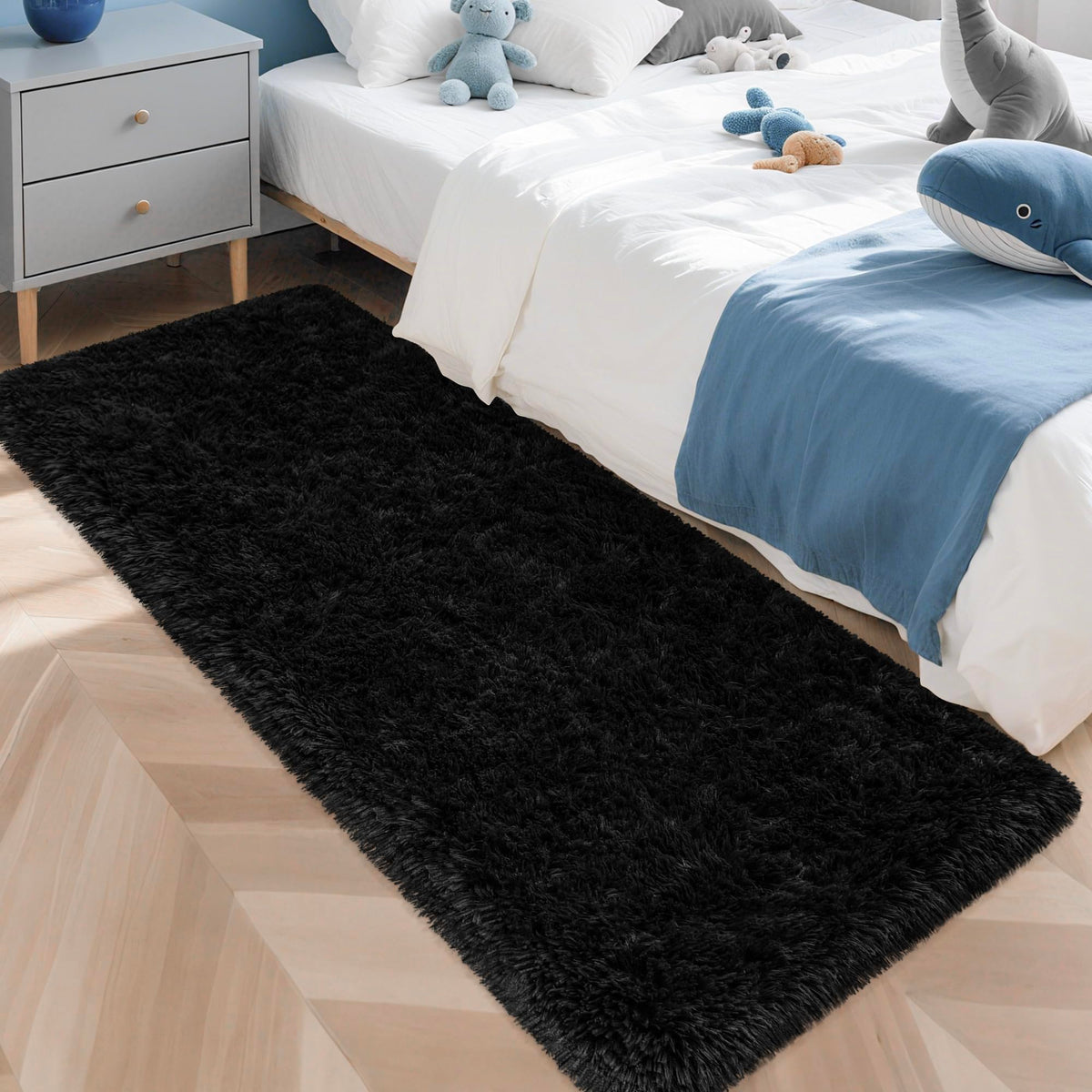 Tie-Dyed Runner Rug for Bedroom Black Grey 2x6ft Fluffy Area Rug Bedside Runner Rug for Kids Room Boys Teens Nursery Baby Living Room Dorm Home Decor Carpets