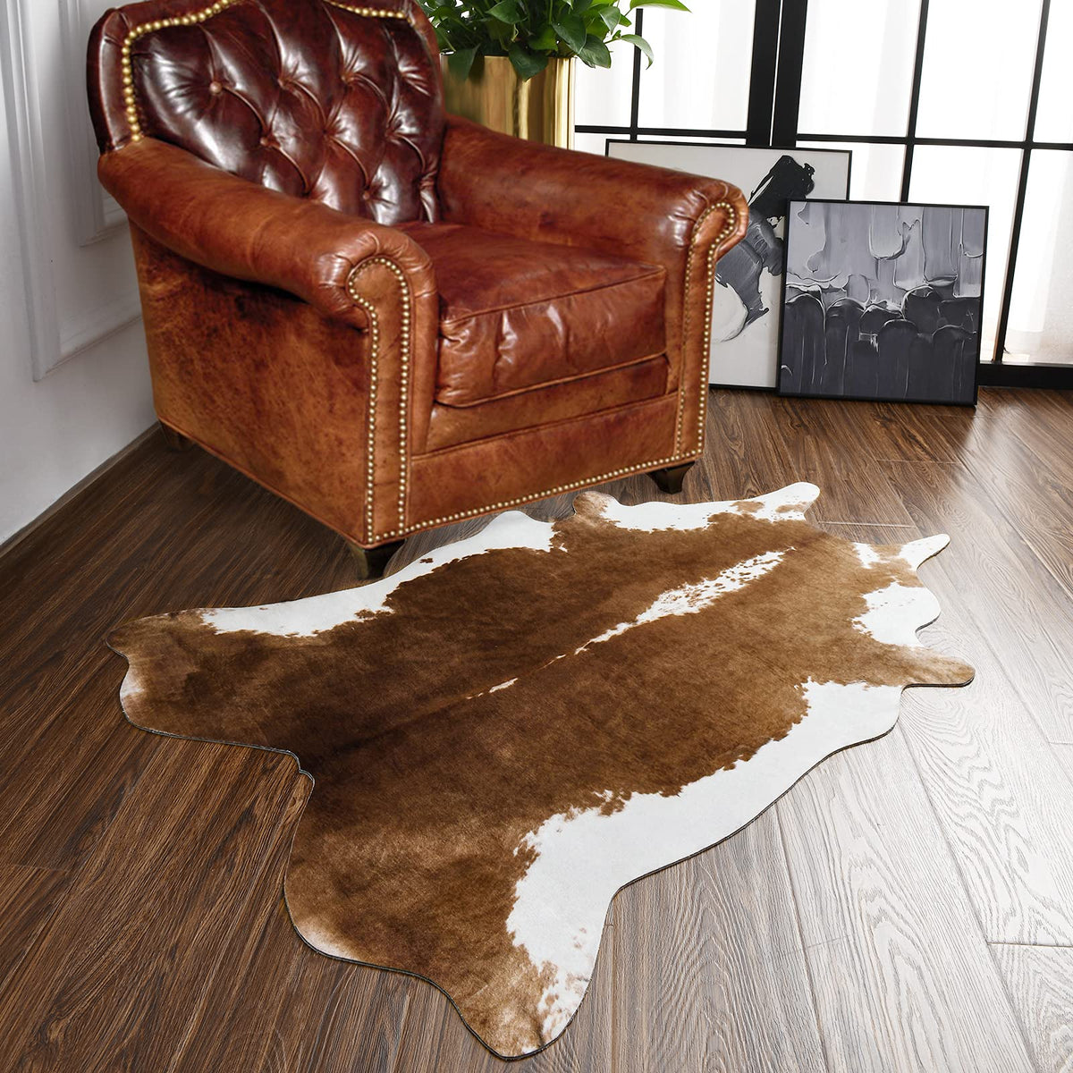 BENRON Faux Cowhide Rug, Cow Print Rug for Living Room Bedroom 4.6x5.2ft