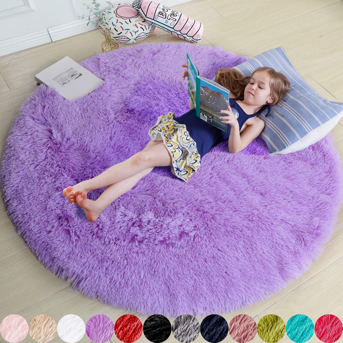 Amdrebio Pink Circle Round Fluffy Area Rug 4Ft for Girls Bedroom Kids Room
