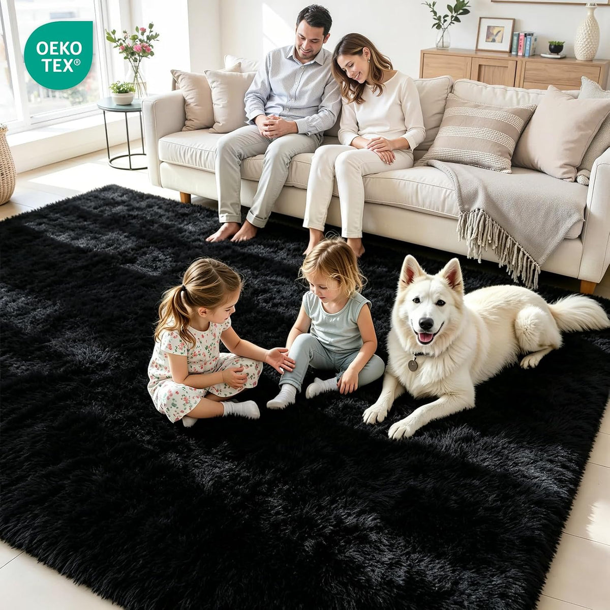 8x10 Fluffy Area Rug for Living Room: Soft Non-Slip Black Bedroom Carpet