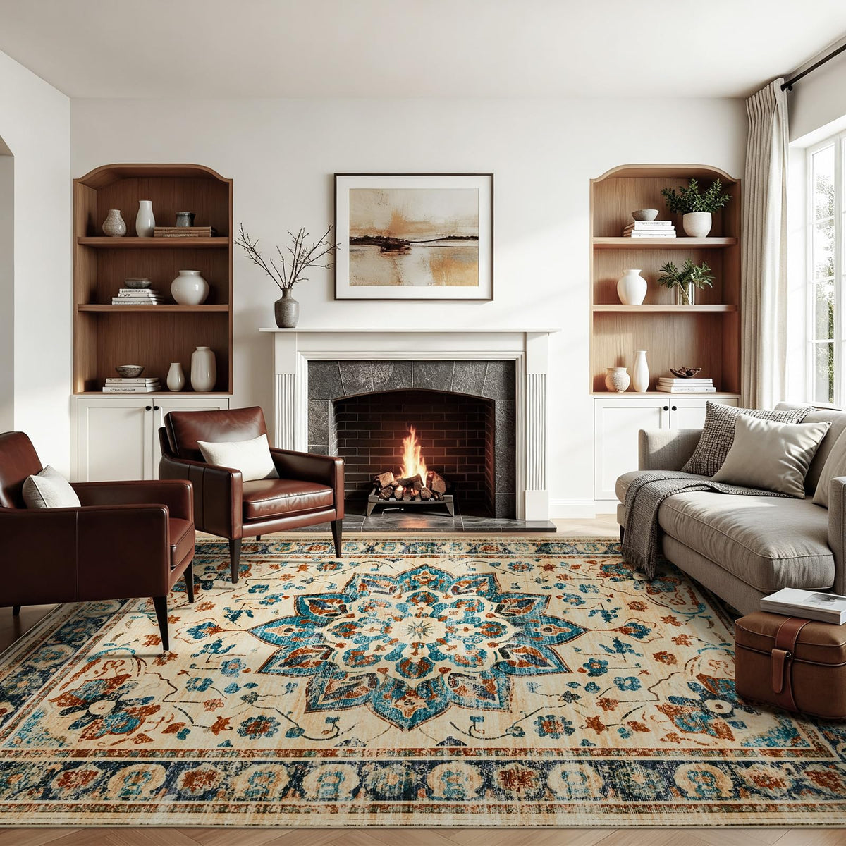 Joydeco Boho Washable Abstract Beige 5x7 Area Rugs for Living Room Bedroom